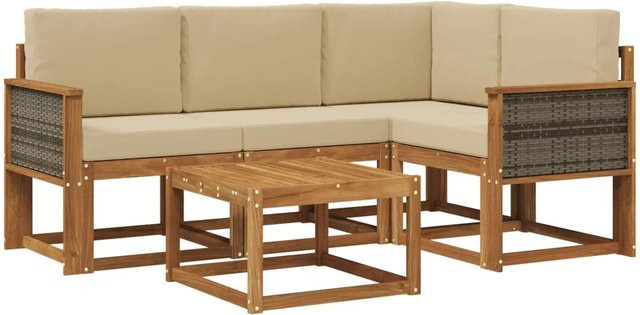 vidaXL Outdoor-Sofagarnitur L-Form aus Akazienholz mit 5 Kissen in Natur und Beige - Bild 1