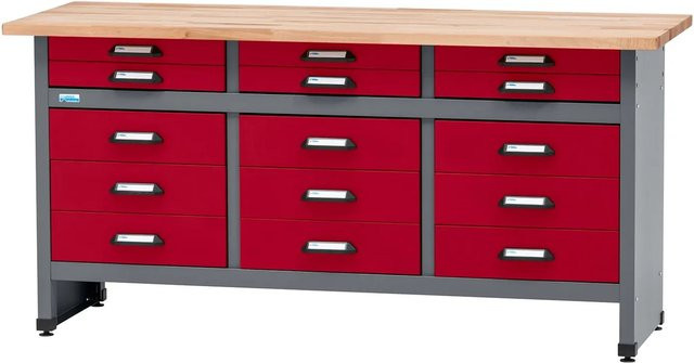 Küpper Werkbank mit 15 Schubladen aus Vollbuchenplatte, Dunkelrot, B/T/H: 170 x 60 x 84 cm - Bild 1