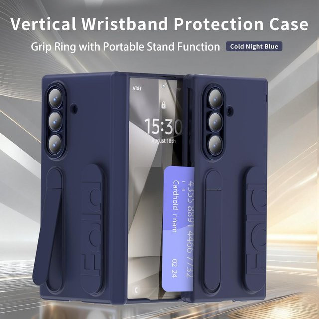 Stoßfeste Silikon-Handgelenkband Schutzhülle mit Kartenhalter und Faltständer für Samsung Galaxy Z Fold 7, 6, 5 und 4 5G in Schwarz, Pink, Grau und Blau - Bild 1