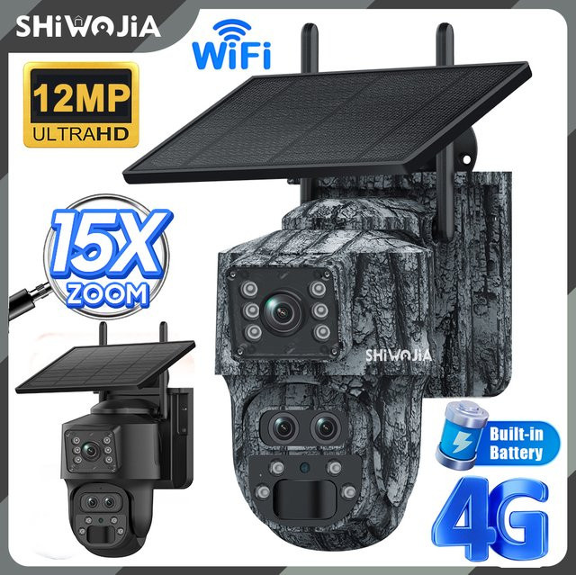 SHIWOJIA Solar-Überwachungskamera mit 12MP 4K Auflösung, 15X Zoom, Dual-Screen, 4G SIM und WLAN, Weiß - Bild 1