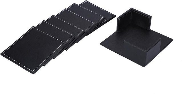 CosyHome Getränkeuntersetzer Set aus PU Leder mit Halter, 6 Stück, quadratisch, Schwarz - Bild 1