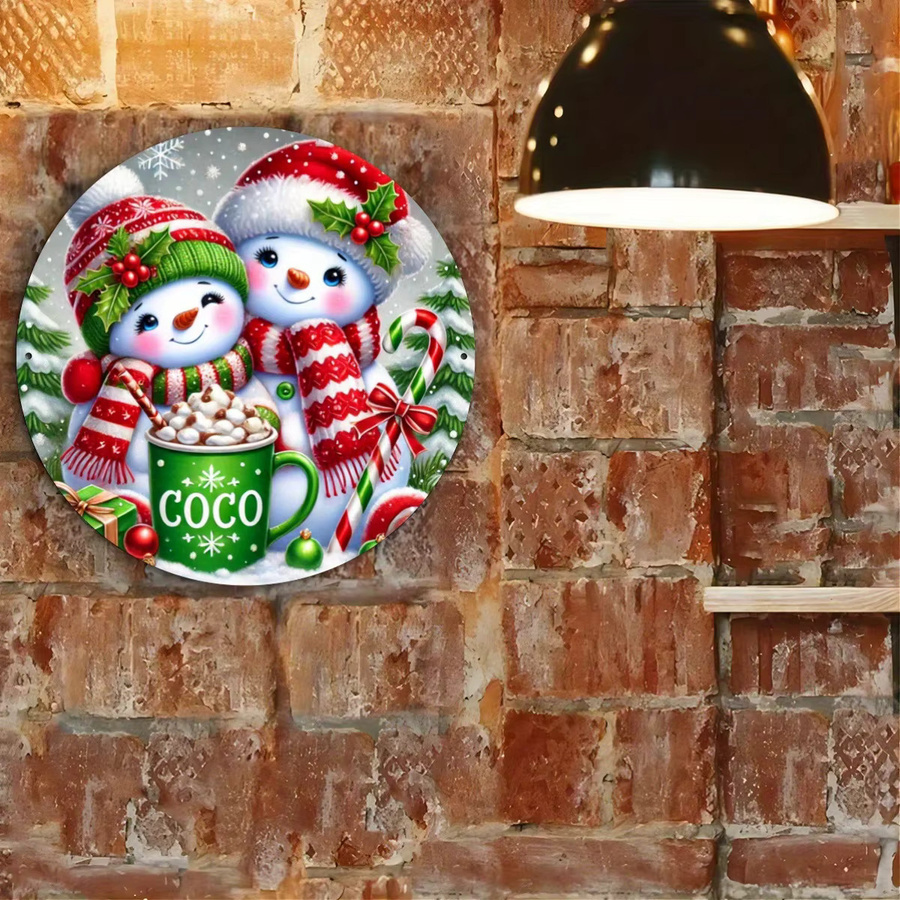 Potdemiel Metallwandkunst 2D FlatSnowman und Hot Cocoa – Rundes Blechschild für die Weihnachtsdekoration, Mehrfarbig, Durchmesser: 20 cm - Bild 5