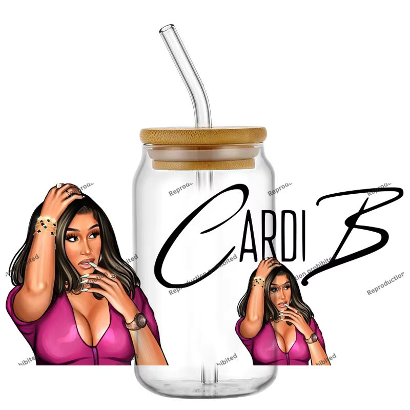 Cardi B UV DTF 3D Transfer-Aufkleber für 16oz Glasbehälter, Mehrfarbig, DIY-Dekoration - Bild 1
