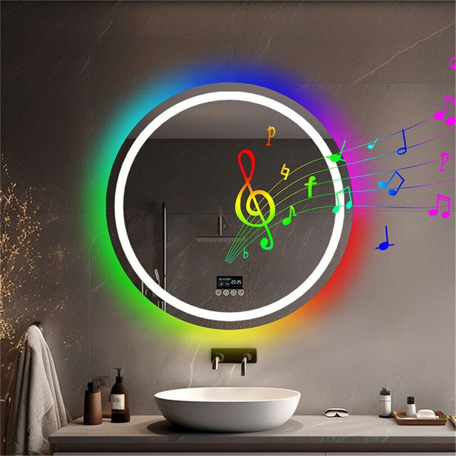 Runder LED-Badezimmerspiegel von BORWART mit Bluetooth-Lautsprecher, RGB-Hintergrundbeleuchtung und Antibeschlag-Funktion, Farbe: Weiß/Multicolour, Durchmesser: 80 cm - Bild 1