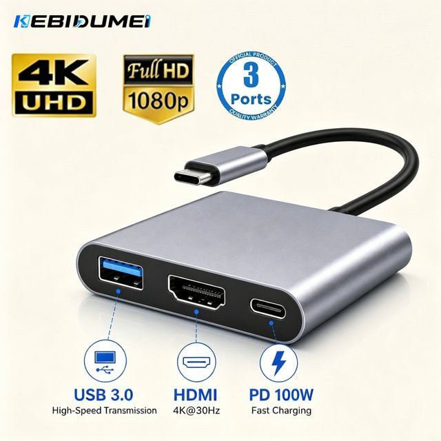 KEBIDUMEI 3-in-1 USB-C-Hub in Silber mit HDMI 4K 60Hz und 100W PD Schnellladefunktion für MacBook, Computer und Smartphone - Bild 1