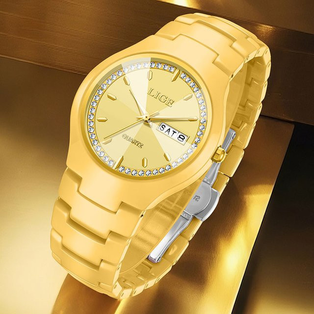 LIGE Armbanduhr Keramik, Gold, Quarz, Damen, Wochentag, Datum - Bild 1