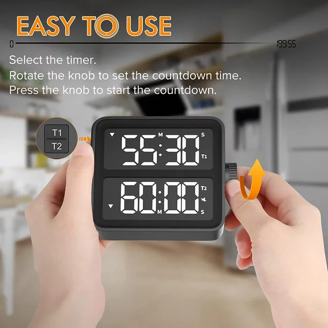 NOKLEAD Elektronischer Timer-Knopf mit LCD-Digitalanzeige in Schwarz für Küche, Arbeit und Fitness - Bild 1