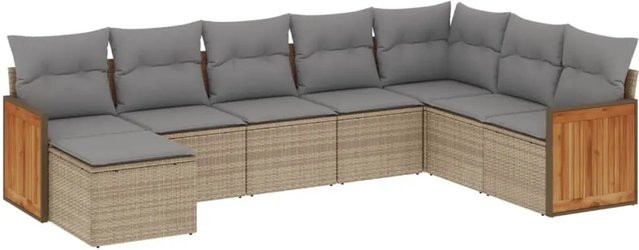 vidaXL 8-tlg Garten-Sofagarnitur in L-Form aus Poly-Rattan und Akazienholz mit beigefarbenen Kissen - Bild 1