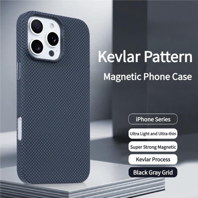 MagSafe Magnetische Hülle aus Kohlefaser und Kevlar für Apple iPhone 12 bis iPhone 17 Pro Max Plus in Sunset Grid, Grau/Mehrfarbig - Bild 1