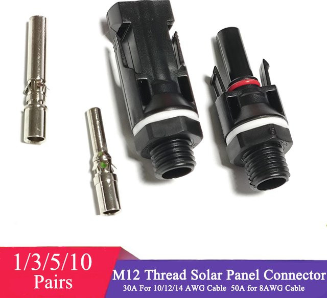 Solar Panel Mount Stecker M12 Gewinde Set mit männlichen und weiblichen Anschlüssen für Inverter und DC Combiner Box Installation, Schwarz - Bild 1