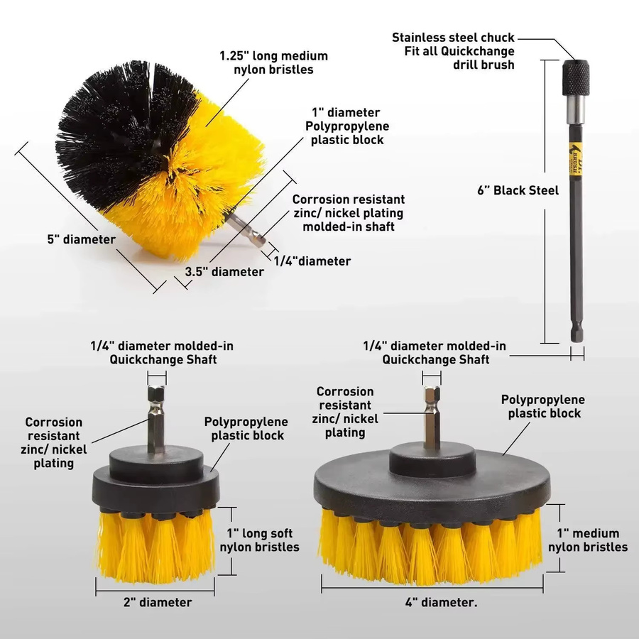 UNTIOR Elektrisches Wäscher Pinsel Set aus Nylon und Kunststoff in Gelb und Multicolour für die Detailreinigung von Autos und Teppichen - Bild 4