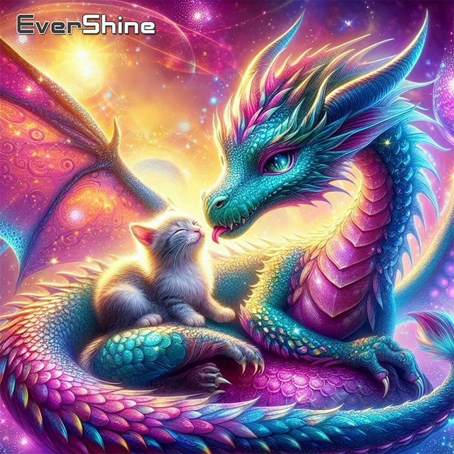 EverShine Diamant-Mosaik Wanddekoration Drache und Katze als quadratisches Strass-Bild in Mehrfarbig - Bild 1