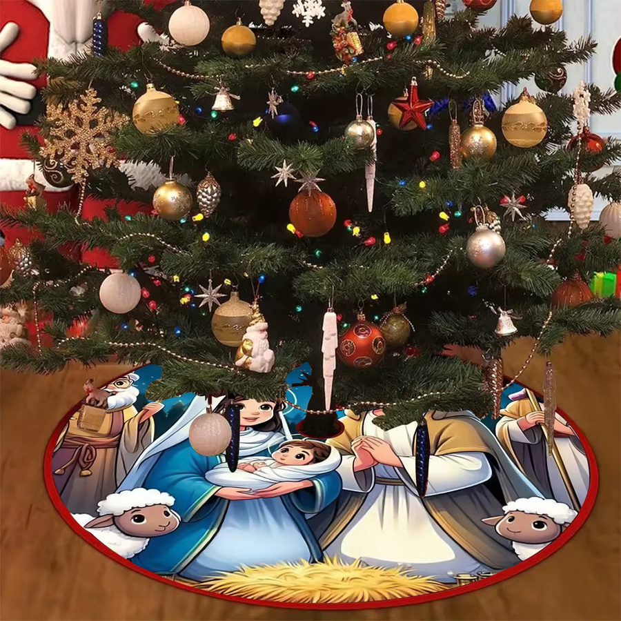 VIKAMA Weihnachtsbaumrock aus Polyester mit Weihnachtsmann-Blumen- und Elfenmuster in Multicolour für deine Weihnachtsdekoration innen und außen - Bild 3