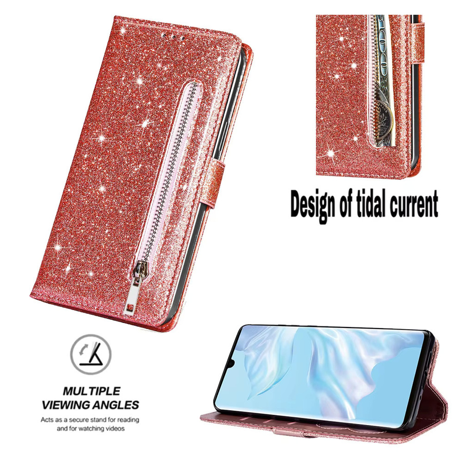 Glitzer Flip Wallet Ledertasche mit Reißverschluss für iPhone in Purple von aierkeba - Bild 3