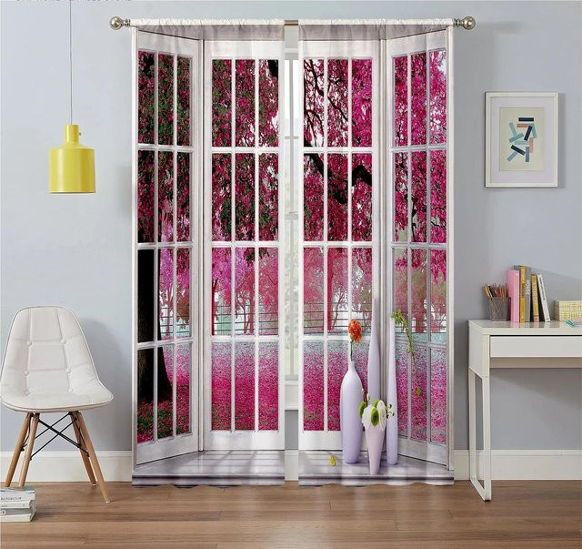 2er-Set semi-transparente Fenstervorhänge mit Naturlandschaft-Motiv Wasserfall, Berg und Fluss, Polyester, Mehrfarbig, B: 60 cm, H: 100 cm - Bild 1