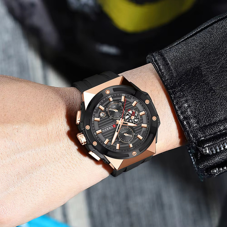 CURREN Chronograph Armbanduhr, Quarz, Edelstahl, Silikon, Schwarz, Herren - Bild 6