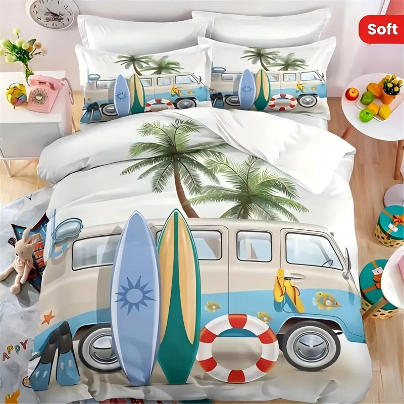 JMG Household Supplies Bettbezug-Set mit Kissenbezug Bus Surfbrett Palmenmuster Beige B/T/H: 135 x 200 cm - Bild 2