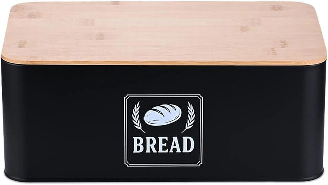 Relaxdays Brotkasten aus Eisen in Schwarz mit Bambusdeckel, B/T/H: 33 x 13,5 x 19 cm - Bild 1