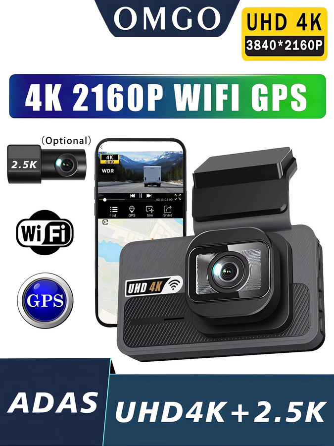 OMGO Dual Dash Cam mit 4K UHD und 2,5K Auflösung, WIFI, GPS, ADAS und AI Fahrerunterstützung, Schwarz - Bild 7