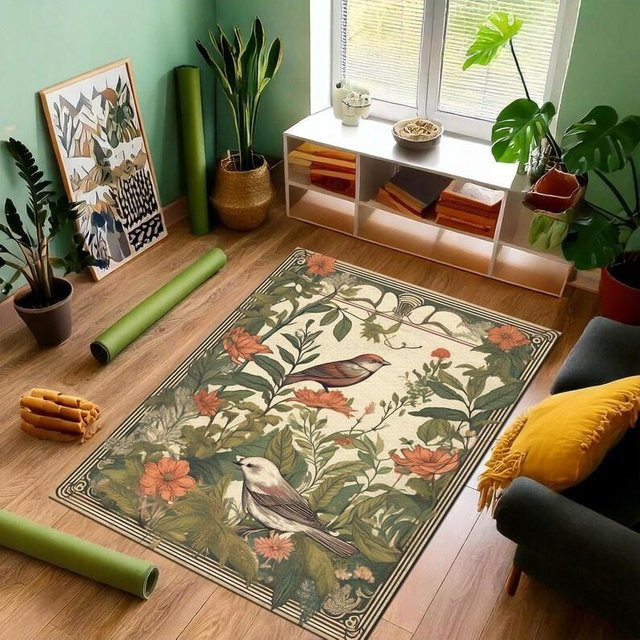 Lodestar Teppich mit Naturmotiv Blume und Vogel, Mehrfarbig, B/T: 80 x 120 cm - Bild 1