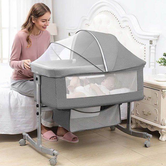 Vremota 3-in-1 Babybett mit Beistellbett, Laufstall und Moskitonetz in Grau - Bild 1