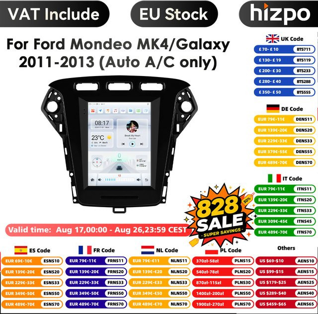 Hizpo Android Autoradio für Ford Mondeo MK4 und Galaxy 2011-2013 mit 9,7 Zoll Multimedia Video 2Din 4G Carplay Navigation Stereo in Schwarz - Bild 1