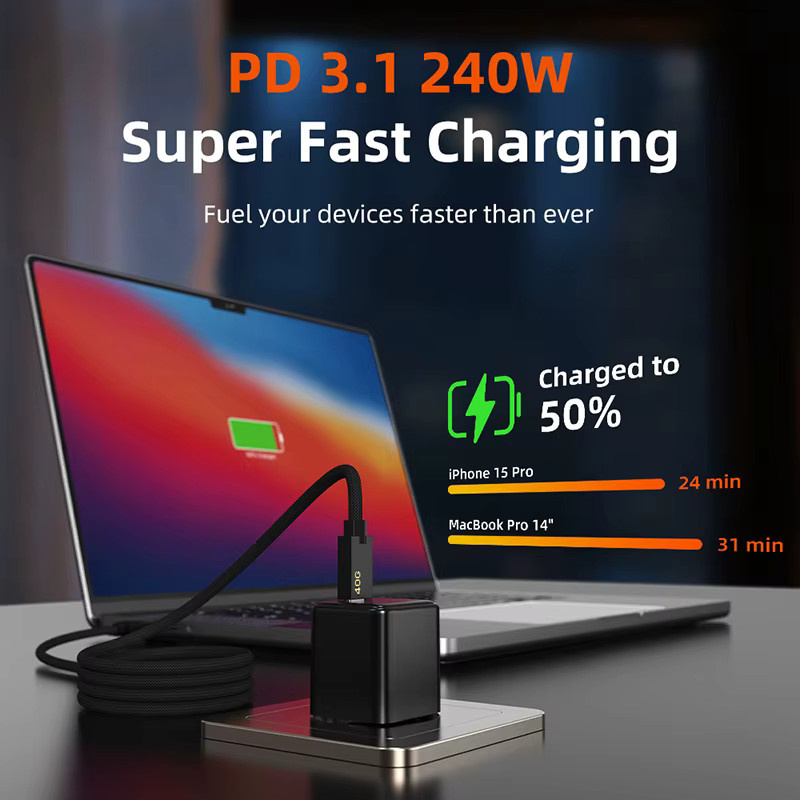 CABLETIME Magnetisches USB4-Kabel USB-C auf USB-C mit 40Gbps, 8K@60Hz und 240W Ladeleistung in Schwarz und Orange - Bild 3