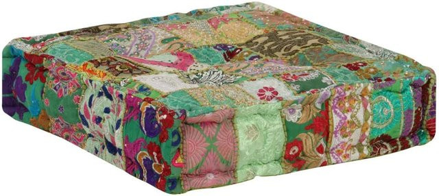 vidaXL Pouf Soft Body aus Baumwolle in Grün und Multicolour, handgefertigter Cube im Ethnic-Stil, B/T/H: 50 x 50 x 12 cm - Bild 1