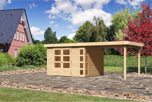 Karibu Holz-Gartenhaus Sölve mit Flachdach in Natur, unbehandelt, B: 298 cm, T: 242 cm, H: 210 cm - Bild 1