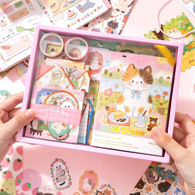 Kawaii Katzen-Tagebuch Schreibwaren-Geschenkbox mit Washi-Tape, Aufklebern und Notizpapier in Multicolour - Bild 1