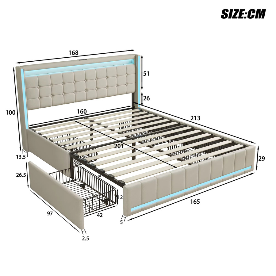 Superaly Polsterbett mit LED-Beleuchtung und USB-Ladefunktion, Doppelbett mit 4 Schubladen aus Leinen in Beige, B/T: 160 x 200 cm - Bild 3