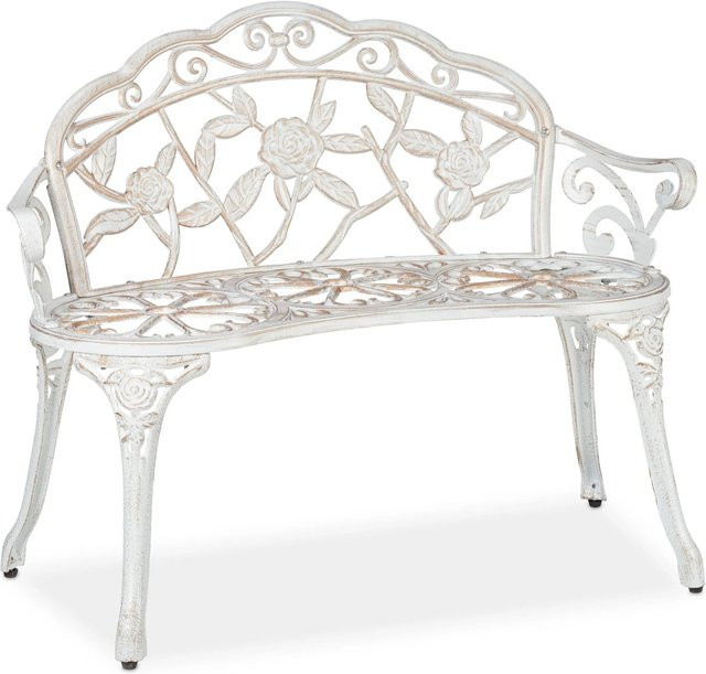 Relaxdays Gartenbank im antiken Design aus Aluminiumguss und Kunststoff, Weiß/Bronze, B: 98 cm, H: 78 cm, T: 57 cm - Bild 1