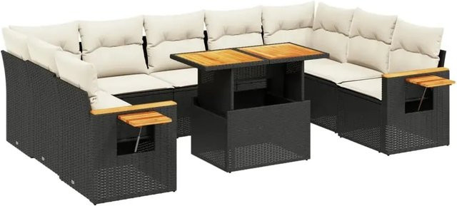 vidaXL 10-tlg. Garten-Sofagarnitur in U-Form aus Polyrattan und Akazienholz mit Kissen, Schwarz - Bild 1