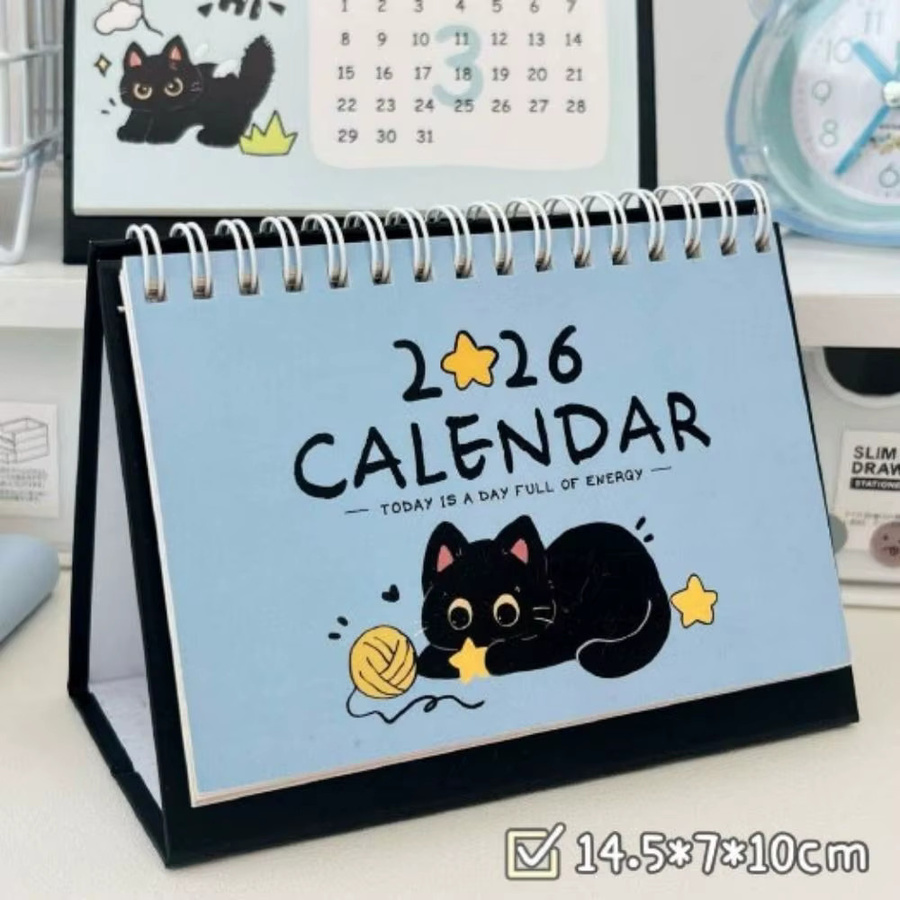 Simple Coil 2026 Schreibtischkalender mit niedlichem Katzenmotiv, gelber Monatsplaner für Büro und Schule - Bild 3