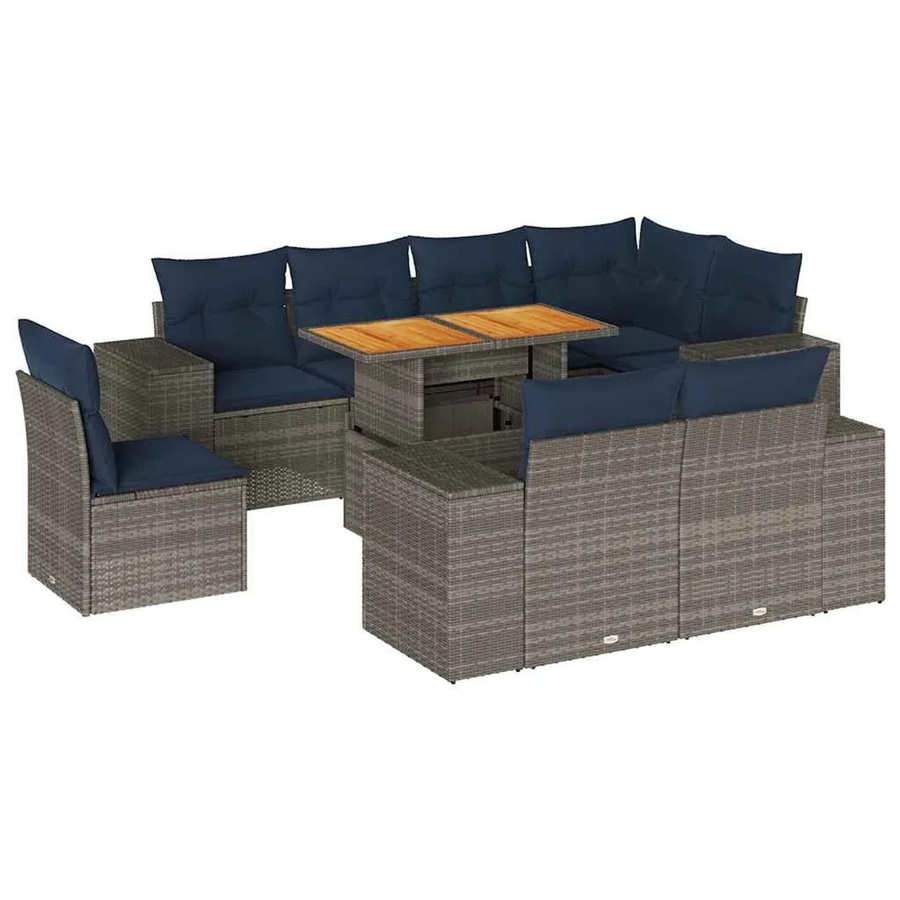 vidaXL 9-teilige Garten-Sofagarnitur aus Poly-Rattan und Akazienholz in Grau mit Kissen - Bild 2