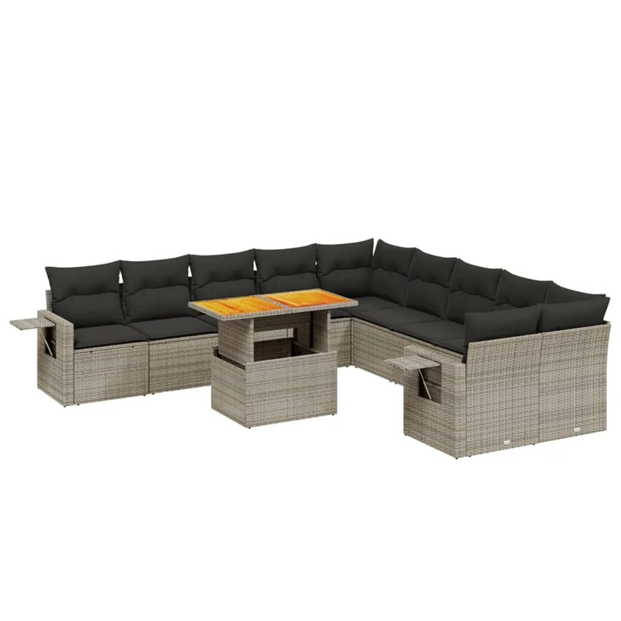 vidaXL 11-tlg. Garten-Sofagarnitur in L-Form aus Polyrattan und Akazienholz mit Kissen in Grau - Bild 2