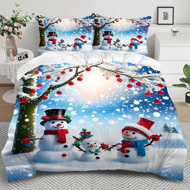 3-teiliges Weihnachts-Bettwäsche-Set mit Schneemann-Motiv aus weicher Mikrofaser, Bettbezug mit Reißverschluss, Größe: 135 x 200 cm - Bild 1