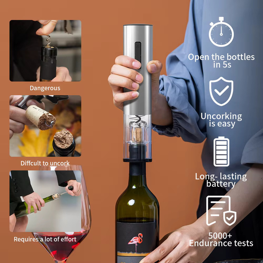 FLYMUYU Elektrisches Weinöffner-Set aus Edelstahl in Silber mit Ständer, Folienschneider, Ausgießer und Stopper - Bild 2