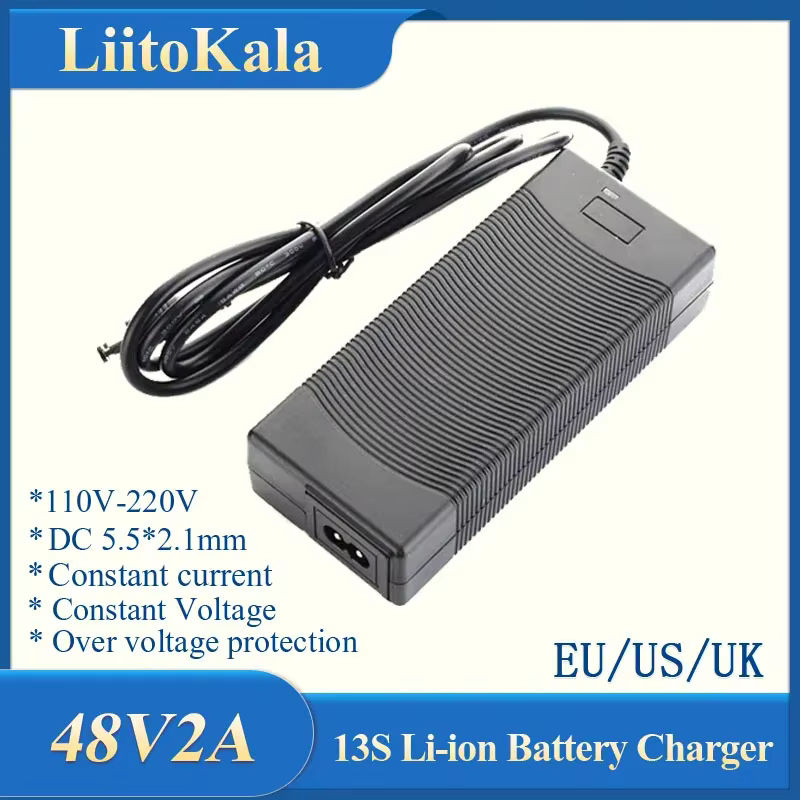 LiitoKala Lithium-Ionen-Akku-Ladegerät 48V 2A mit 54,6V Ausgang und 5,5x2,1mm Barrel-Plug Anschluss, Schwarz - Bild 2
