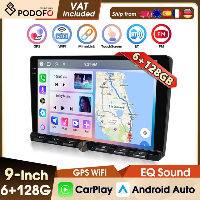 Podofo 2DIN Intelligentes Autoradio mit 6GB RAM und 128GB Speicher, Kabelloses Carplay, Android Auto, Mirror Link, GPS, WIFI, Bluetooth, USB und FM/RDS in Schwarz - Bild 1