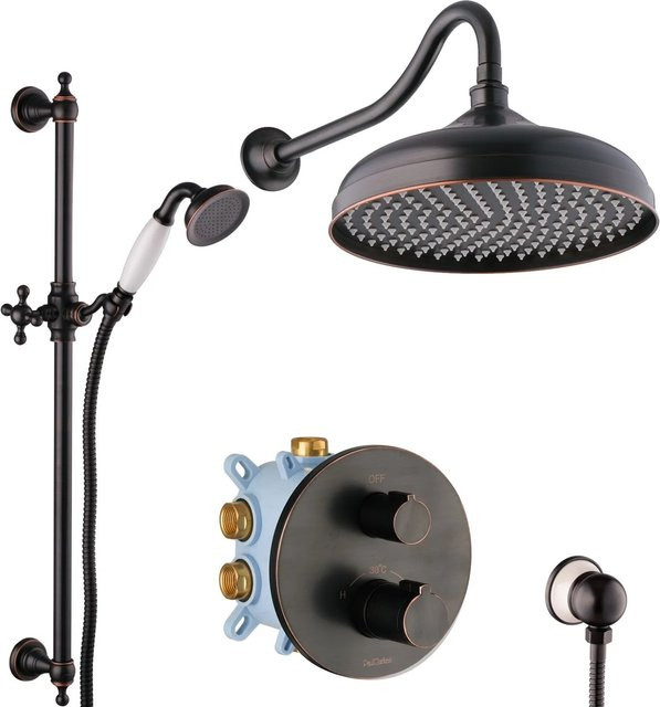 PaulGurkes Duschsystem Nostalgie in Matt Schwarz mit Thermostat, Regendusche und Handbrause aus Messing - Bild 1