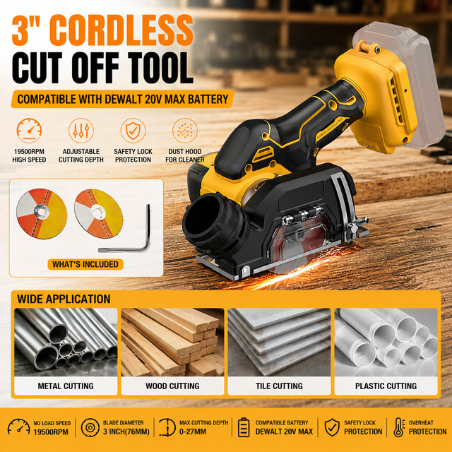 DeWalt 3-Zoll-Mini-Kreissäge Gelb, kabelloses Trennwerkzeug mit 19500 U/min und Tiefeneinstellung für Metall, Holz, Fliesen und Kunststoff, kompatibel mit DeWalt 20V Akku - Bild 1
