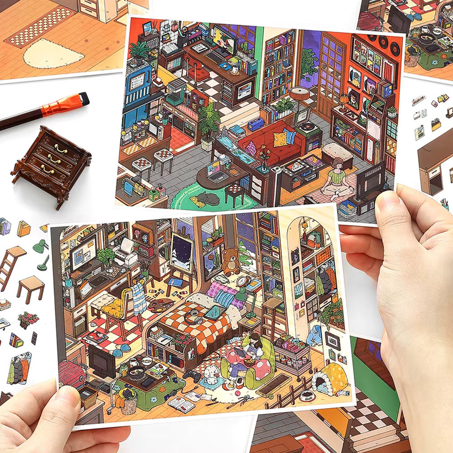 Kawaii 3D DIY Landschaftsaufkleber Set mit Home Diary und Taschenkabinenszenen in Multicolour aus Papier - Bild 3