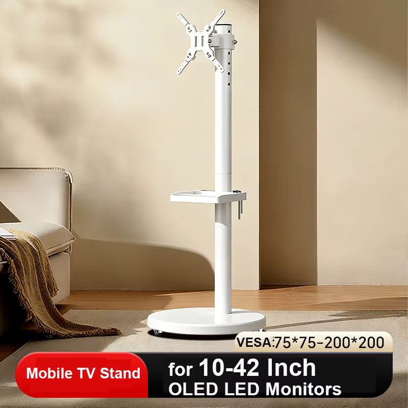 BEISHI Mobiler TV-Ständer für 10-42 Zoll Fernseher in Weiß, Höhenverstellbarer Rollbarer TV-Halter mit Medienablage und Feststellbaren Rädern aus Metall - Bild 2