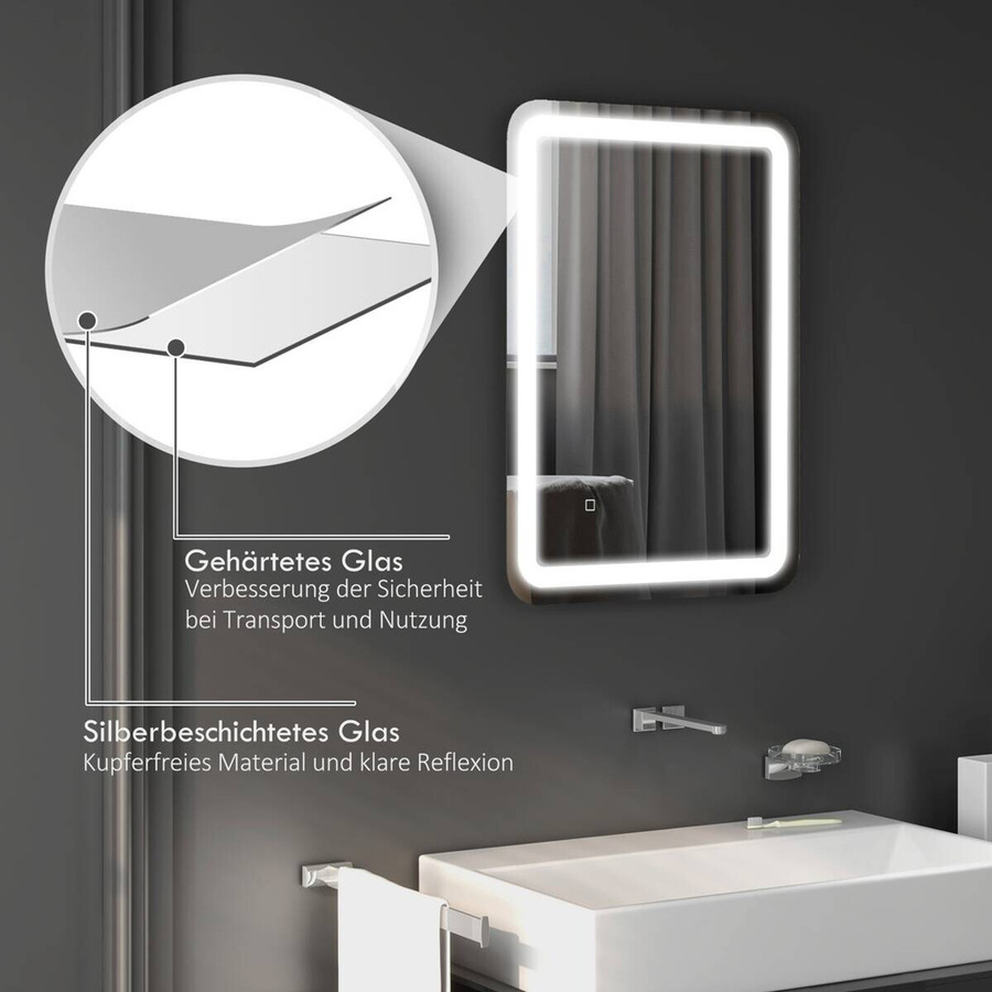 HOMCOM LED-Badspiegel in Silber mit Touch-Funktion, Rechteckig, B/H/T: 50 x 70 x 4 cm - Bild 4