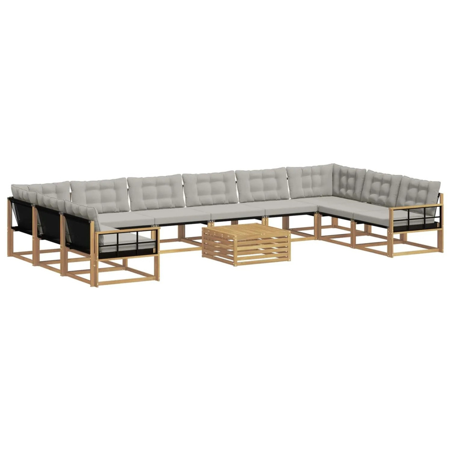 vidaXL Outdoor-Sofagarnitur aus Akazienholz und Textilene in U-Form, 11-teiliges Set in Weiß-Hellgrau mit abnehmbaren Kissen - Bild 2