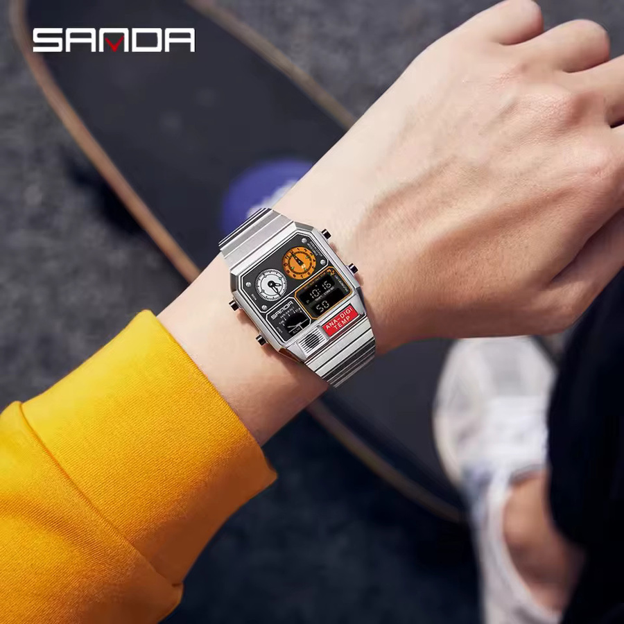 SANDA Digitaluhr, Chronograph, Edelstahl, Schwarz, Herren - Bild 1