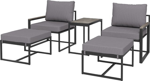 Outsunny Gartenlounge Set für 2 Personen in Grau mit 2 Sesseln, Couchtisch und verstaubaren Hockern aus Textilene und pulverbeschichtetem Stahl - Bild 1