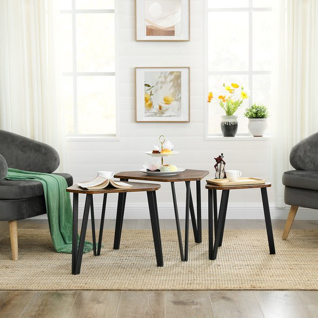 Vasagle 3er Set Satztische im Vintage-Design als Beistelltische oder Nachttische in Braun und Schwarz mit Metallbeinen - Bild 3