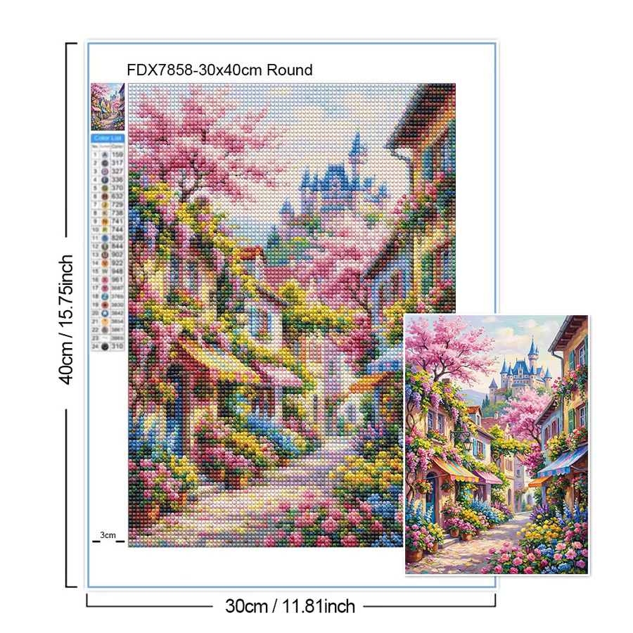 XUEQIXIAOZU Diamant-Malerei-Set Europäische Stadt mit Schloss und Blumenstraße, DIY Mosaik-Stickerei in Multicolour, B/H: 40 x 30 cm - Bild 3